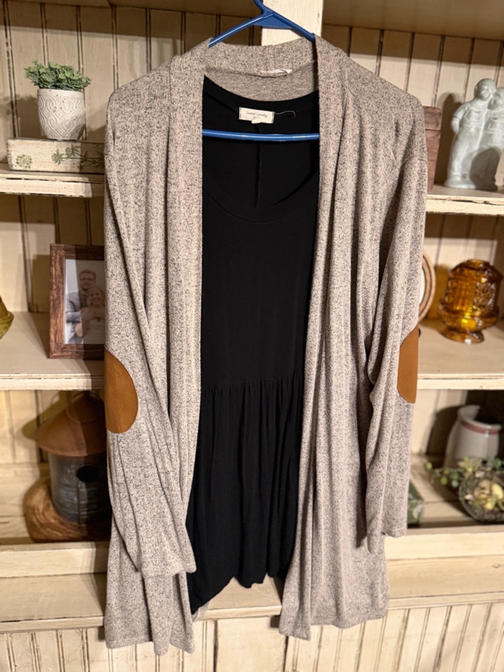 Cozy Open-Front Beige Cardigan with Elbow Patches & Black Top